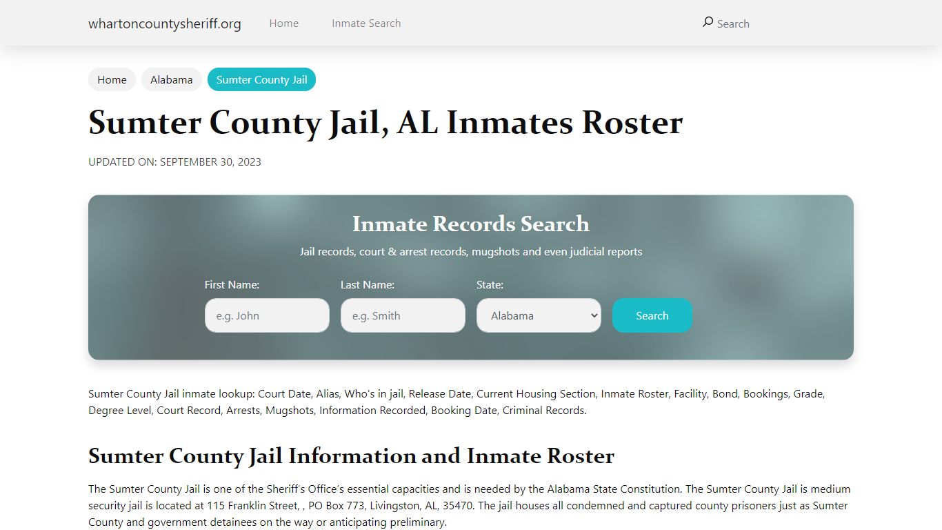 Sumter County Jail, AL Jail Roster, Name Search - Wharton County Sheriff